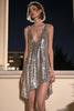 Load image into Gallery viewer, Sparkly Silver Grey Sequin Deep V-Neck High-Low Cocktail Dress