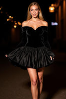 Load image into Gallery viewer, Black Velvet Off the Shoulder Short Prom Dress with Sleeves