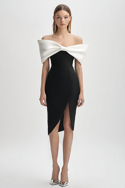 Women Black and White Strapless Short Cocktail Dress with Bow Bodycon Prom Dress with Slit