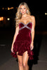 Load image into Gallery viewer, Sparkly Burgundy Velvet Ruffled Short Prom Dress with Rhinestones