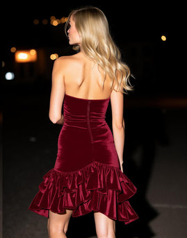 Sparkly Burgundy Velvet Ruffled Short Prom Dress with Rhinestones