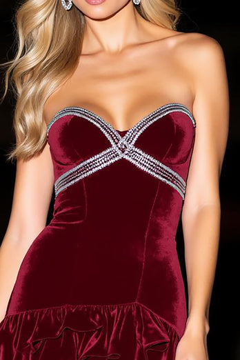 Sparkly Burgundy Velvet Ruffled Short Prom Dress with Rhinestones