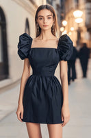 Load image into Gallery viewer, Women Navy Short Cocktail Dress Puff Sleeves Square Neck A-Line Birthday Party Dress