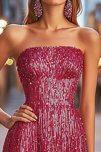 Sparkly Fuchsia Strapless A Line Short Sequin Prom Dress