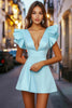Load image into Gallery viewer, Sky Blue Deep V-Neck A Line Short Cocktail Dress with Ruffles