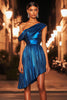 Load image into Gallery viewer, Sparkly Dark Blue Metallic One Shoulder Prom Dress with Pleats