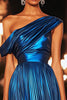Load image into Gallery viewer, Sparkly Dark Blue Metallic One Shoulder Prom Dress with Pleats
