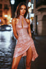 Load image into Gallery viewer, Sparkly Pink High Neck Sequin Short Prom Dress with Keyhole
