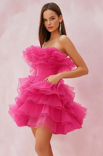 Fuchsia Strapless Tulle Tiered Short Prom Dress with Ruffles