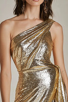 Load image into Gallery viewer, Sparkly Gold One Shoulder Metallic Short Prom Dress with Slit