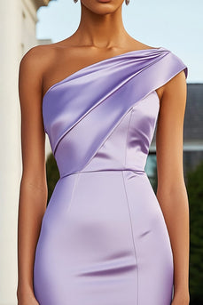 Lilac One Shoulder Short Tight Satin Cocktail Dress