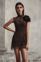 Load image into Gallery viewer, Coffee Lace High Neck Short Tight Cocktail Dress with 3D Flower