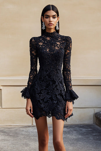 Black High Neck Lace Short Cocktail Dress with Sleeves