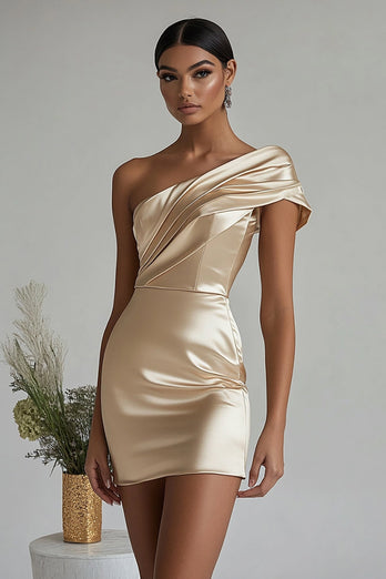 Champagne Satin One Shoulder Tight Short Cocktail Dress