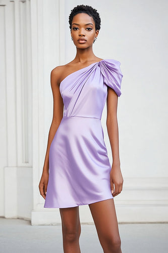 Lilac Ruched One Shoulder Satin Short Cocktail Dress