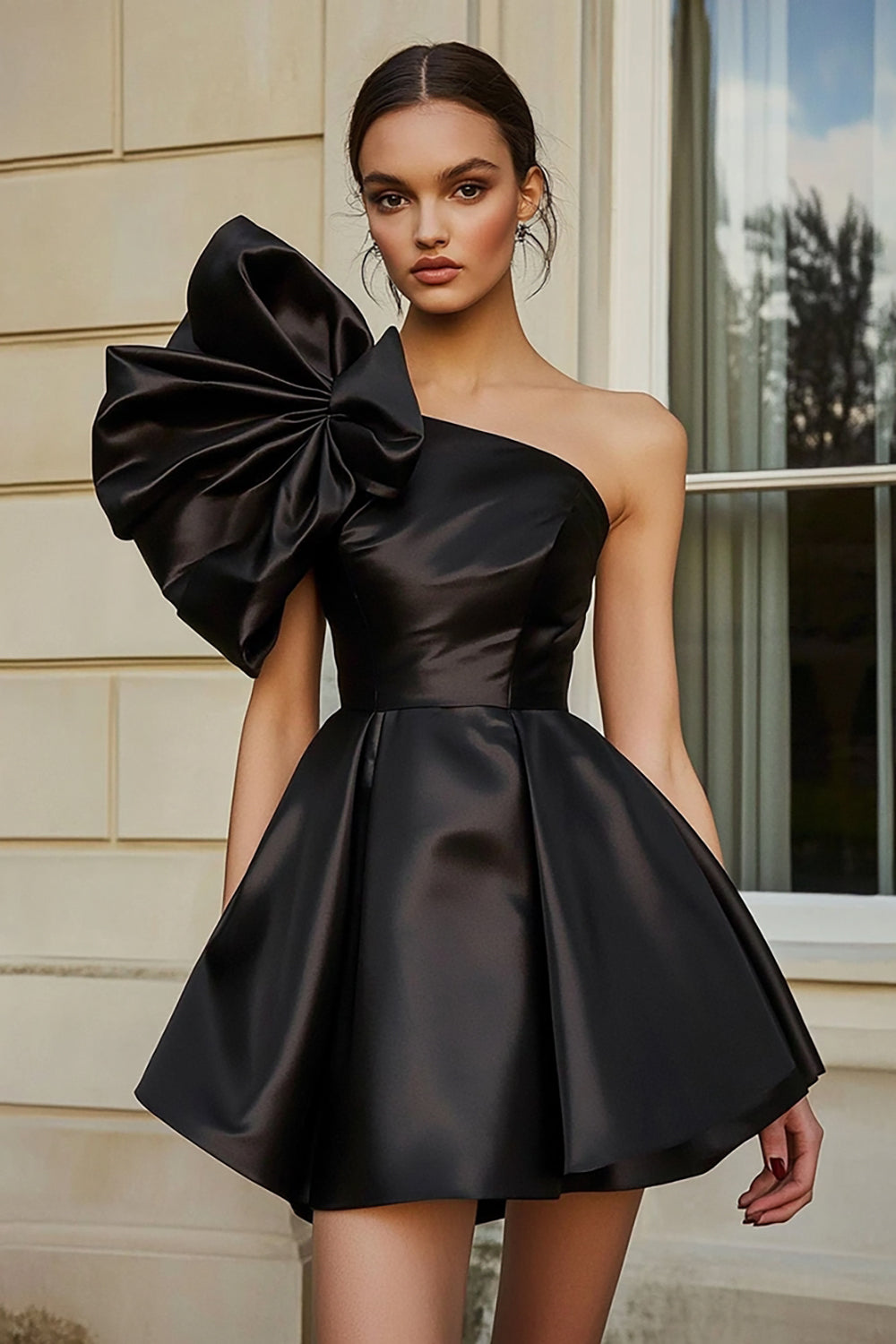 Black A Line Satin Short Cocktail Dress with Ruffles