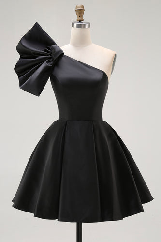 Black Satin A Line Mini Cocktail Dress with Ruffles