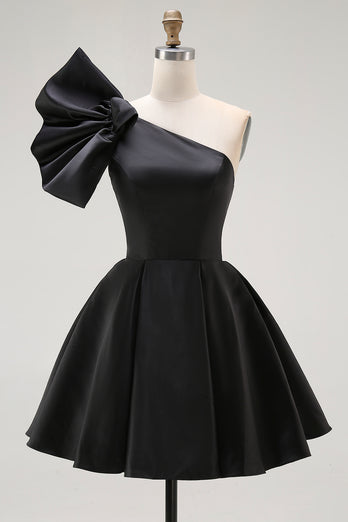 Black A Line Satin Short Cocktail Dress with Ruffles