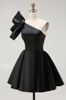 Load image into Gallery viewer, Black Satin A Line Mini Cocktail Dress with Ruffles