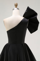 Load image into Gallery viewer, Black Satin A Line Mini Cocktail Dress with Ruffles