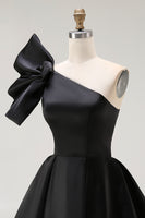 Load image into Gallery viewer, Black Satin A Line Mini Cocktail Dress with Ruffles