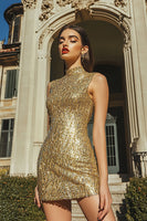 Load image into Gallery viewer, Sparkly Gold Tight High Neck Short Sequins Cocktail Dress