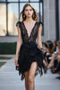 Load image into Gallery viewer, Black Lace Deep V-Neck Short Cocktail Dress with Ruffles