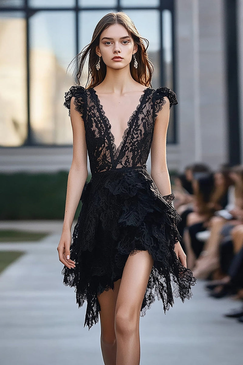 Load image into Gallery viewer, Black Lace Deep V-Neck Short Cocktail Dress with Ruffles