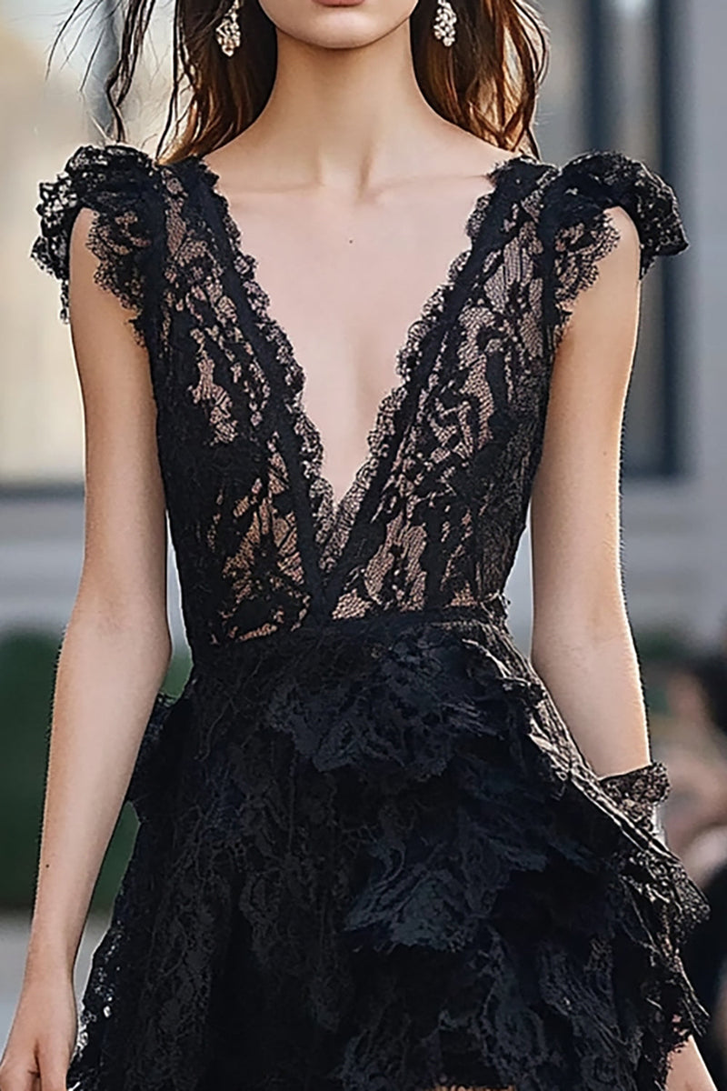 Load image into Gallery viewer, Black Lace Deep V-Neck Short Cocktail Dress with Ruffles