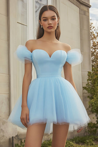 Sky Blue Tulle Off the Shoulder Short Cocktail Dress