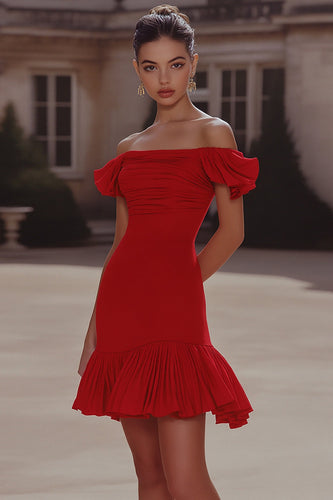 Women Red Short Ruched Party Dress Off the Shoulder Tight Cocktail Dress