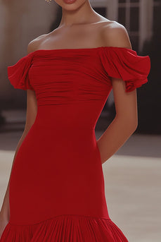 Red Off the Shoulder Short Tight Ruched Party Dress