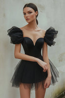 Load image into Gallery viewer, Black A Line Short Tulle Cocktail Dress with Sleeves