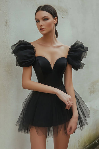 Black A Line Short Tulle Cocktail Dress with Sleeves