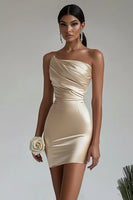 Load image into Gallery viewer, Champagne Satin Strapless Tight Short Cocktail Dress