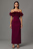 Load image into Gallery viewer, Burgundy Sheath Off the Shoulder Long Formal Dress with Feathers