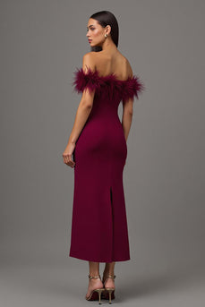 Burgundy Sheath Off the Shoulder Long Formal Dress with Feathers