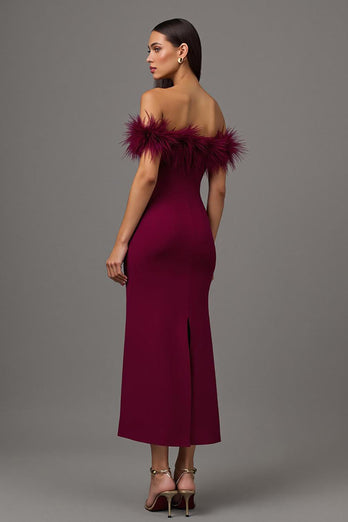 Burgundy Sheath Off the Shoulder Long Formal Dress with Feathers