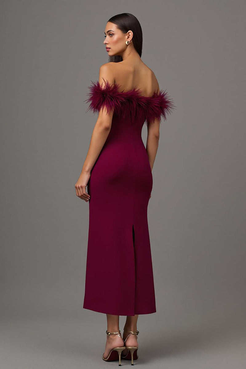 Load image into Gallery viewer, Burgundy Sheath Off the Shoulder Long Formal Dress with Feathers