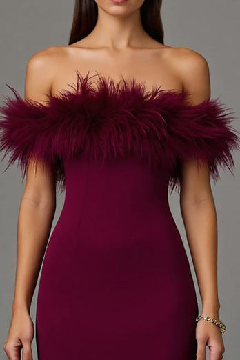 Burgundy Sheath Off the Shoulder Long Formal Dress with Feathers