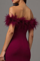 Load image into Gallery viewer, Burgundy Sheath Off the Shoulder Long Formal Dress with Feathers