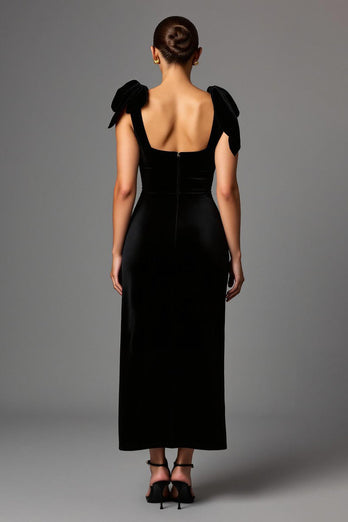 Black Satin Square Neck Sheath Long Formal Dress