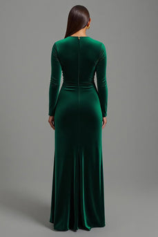 Dark Green Velvet Round Neck Long Holiday Party Dress with Slit