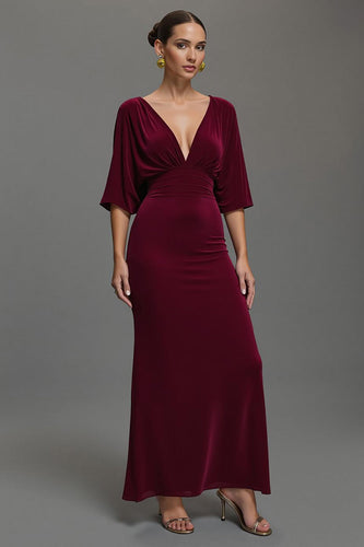 Burgundy V-Neck Velvet Long Holiday Party Dress with Sleeves