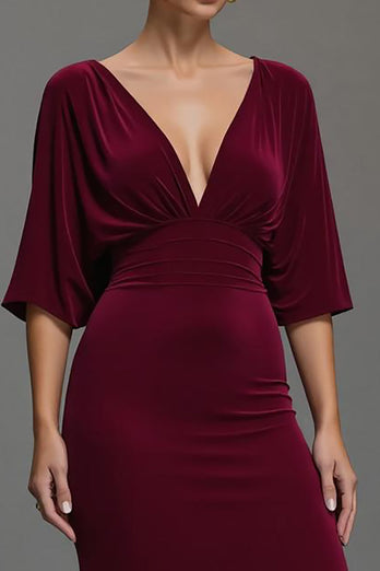 Burgundy V-Neck Velvet Long Holiday Party Dress with Sleeves