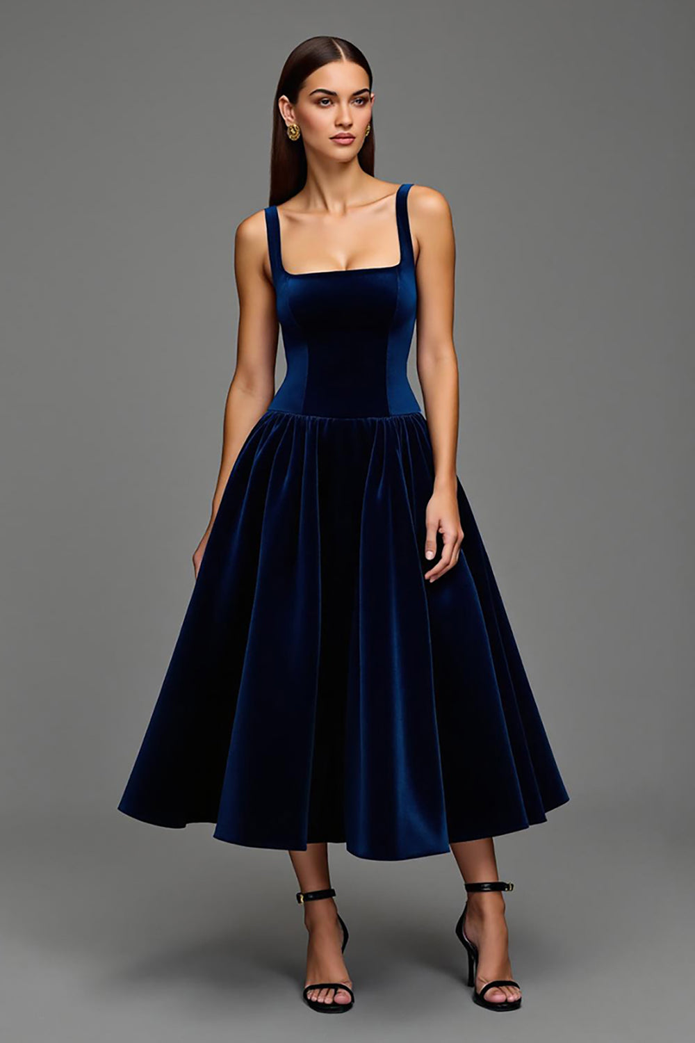 Navy A Line Square Neck Velvet Long Holiday Party Dress