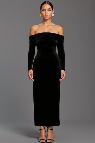 Black Velvet Sheath Off the Shoulder Long Holiday Party Dress