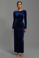 Load image into Gallery viewer, Women Navy Velvet Long Holiday Party Dress with Sleeves Sheath Boat Neck Formal Dress