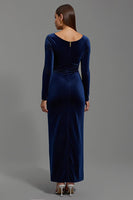 Load image into Gallery viewer, Navy Velvet Sheath Boat Neck Long Holiday Party Dress with Sleeves