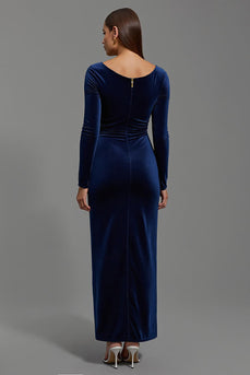 Navy Velvet Sheath Boat Neck Long Holiday Party Dress with Sleeves